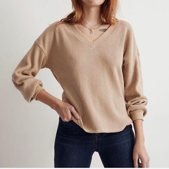 Madewell Waffle Knit V-Neck Tan Long Sleeve - Picture 1 of 2